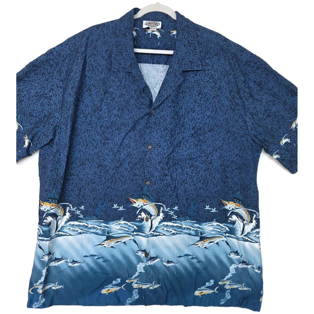 Pacific Legend Shirt Mens 4XL Blue Marlin Fish Hawaiian Short Sleeve Button